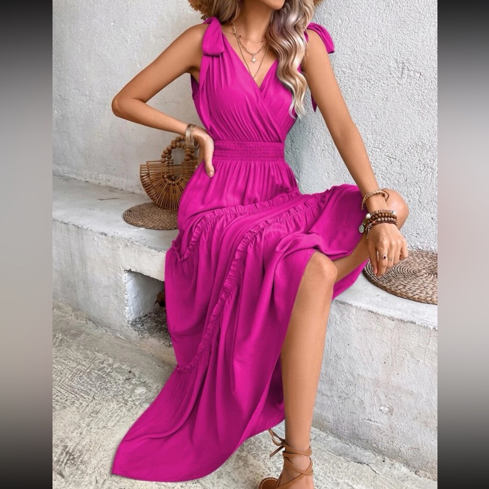 Boho tie shoulder layered hem maxi dress
